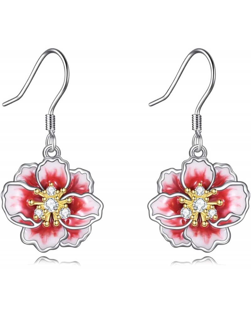 Peony/Cherry Flower Earrings Sterling Silver Pink Enamel Flower Dangle Drop Earrings Jewelry Gifts for Women Girls Pink-Peony...