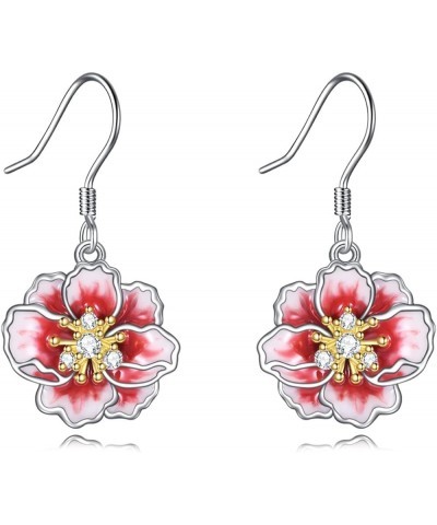 Peony/Cherry Flower Earrings Sterling Silver Pink Enamel Flower Dangle Drop Earrings Jewelry Gifts for Women Girls Pink-Peony...