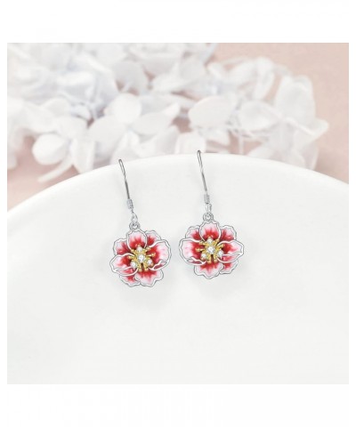 Peony/Cherry Flower Earrings Sterling Silver Pink Enamel Flower Dangle Drop Earrings Jewelry Gifts for Women Girls Pink-Peony...