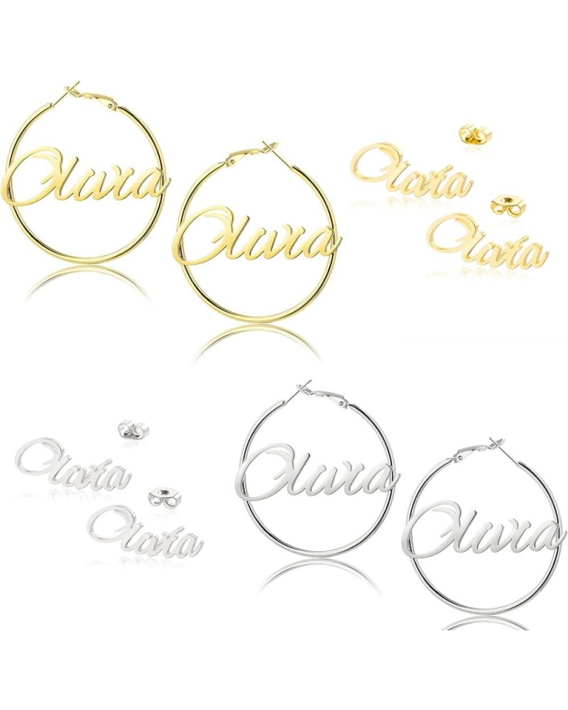 Personalized Name Hoop Earrings 18K Gold Plated Big Hoop Earrings Name Stud Earring for Women Fashion Jewelry Gift 4PC Olivia...