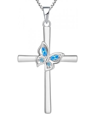 Butterfly Cross Necklace Sterling Silver Crucifix Pendant Gemstones Criss Jewelry for Women 03-aquamarine-Mar $29.14 Necklaces