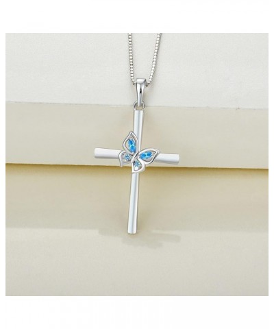 Butterfly Cross Necklace Sterling Silver Crucifix Pendant Gemstones Criss Jewelry for Women 03-aquamarine-Mar $29.14 Necklaces