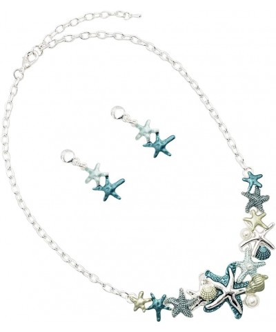 Women's Stunning Enamel Starfish And Shells With Simulated Pearl Collar Necklace Earrings Gift Set, 16"+3" Extender Teal Blue...