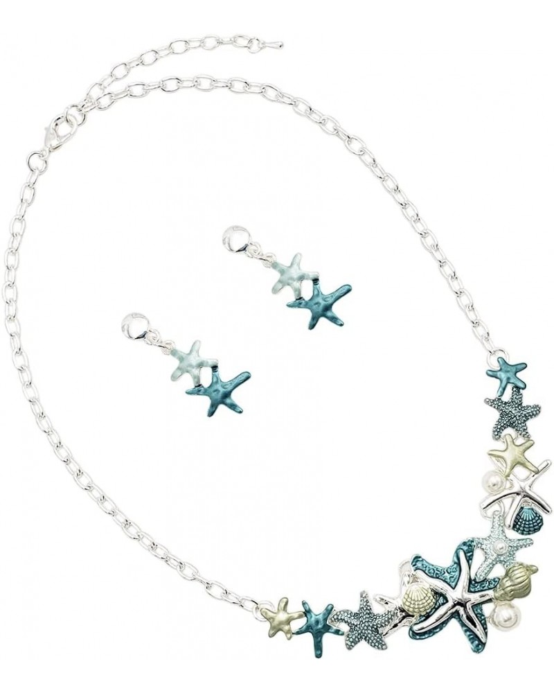 Women's Stunning Enamel Starfish And Shells With Simulated Pearl Collar Necklace Earrings Gift Set, 16"+3" Extender Teal Blue...