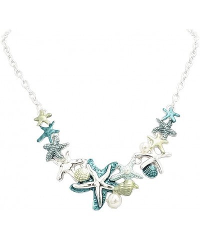 Women's Stunning Enamel Starfish And Shells With Simulated Pearl Collar Necklace Earrings Gift Set, 16"+3" Extender Teal Blue...