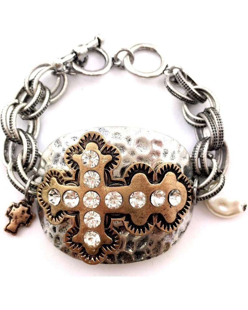 Western Vintage Tritone Hammered Plate Cross Chain Rhinestone Charm Bracelet Silver-Copper $20.89 Bracelets