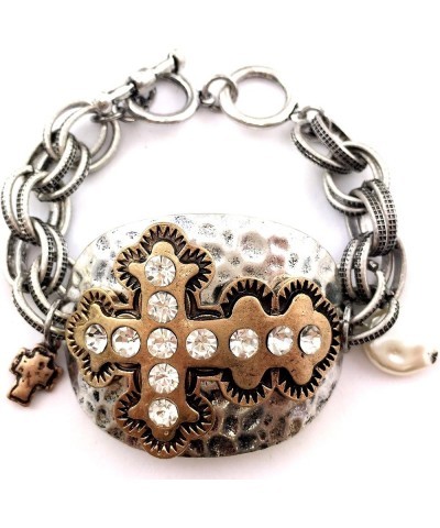 Western Vintage Tritone Hammered Plate Cross Chain Rhinestone Charm Bracelet Silver-Copper $20.89 Bracelets