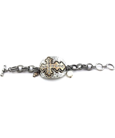 Western Vintage Tritone Hammered Plate Cross Chain Rhinestone Charm Bracelet Silver-Copper $20.89 Bracelets