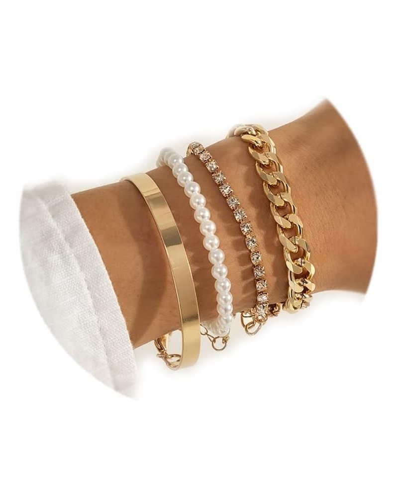 BETHYNAS Punk Retro Layered Bracelets Set 4 Pcs Stacking Cuban Link Chain Tennis Bracelet Pearl Chain Bar Bangle Bracelet Hip...