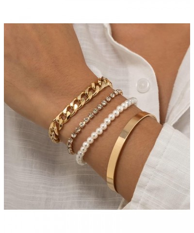 BETHYNAS Punk Retro Layered Bracelets Set 4 Pcs Stacking Cuban Link Chain Tennis Bracelet Pearl Chain Bar Bangle Bracelet Hip...