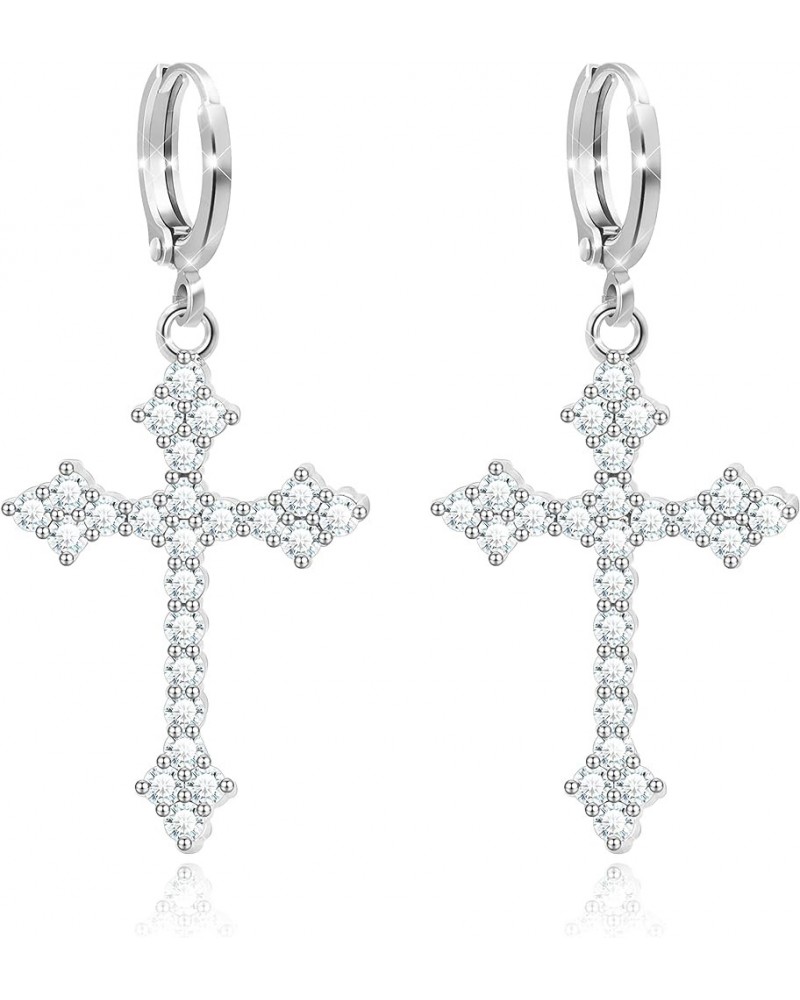 14k White Gold Plated Huggie Earrings Prong CZ Crystals Huggies Drop Cross Earrings Hoop for women Punk Cross Silver Tone $11...