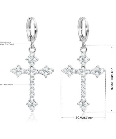 14k White Gold Plated Huggie Earrings Prong CZ Crystals Huggies Drop Cross Earrings Hoop for women Punk Cross Silver Tone $11...