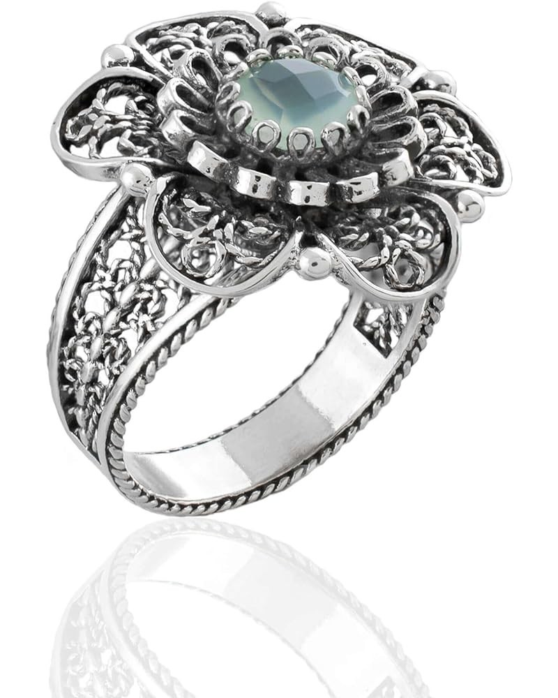 925 Sterling Silver Filigree Art Sunflower Design Gemstone Woman Cocktail Ring, Gift Boxed Aqua Chalcedony $25.97 Rings