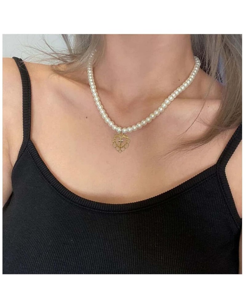 Vintage Pearl Choker Necklace Love Heart Pendant Necklace Pearl Bead Collar Necklace Short Cross Charm Necklace Chain Jewelry...