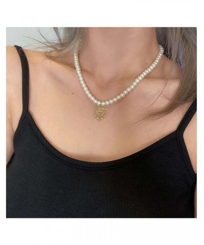 Vintage Pearl Choker Necklace Love Heart Pendant Necklace Pearl Bead Collar Necklace Short Cross Charm Necklace Chain Jewelry...