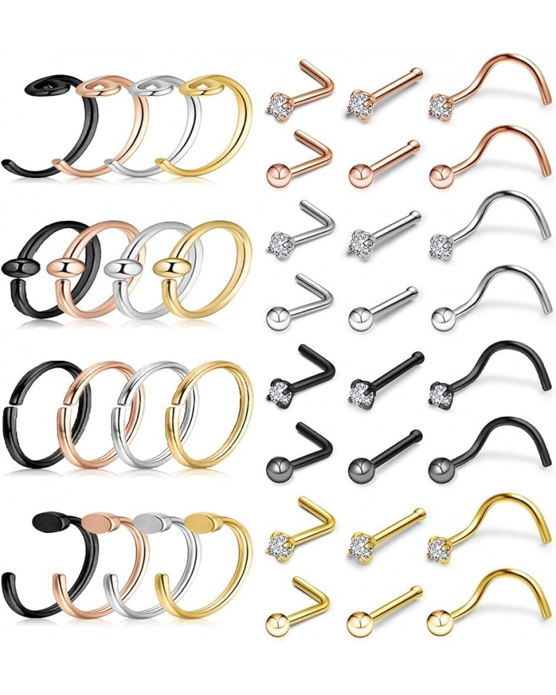 20G Nose Rings Set 30-40Pcs Bone Screw L Shaped Nose Studs Hypoallergenic Tragus Cartilage Nose Ring Hoop Stainless Steel Nos...