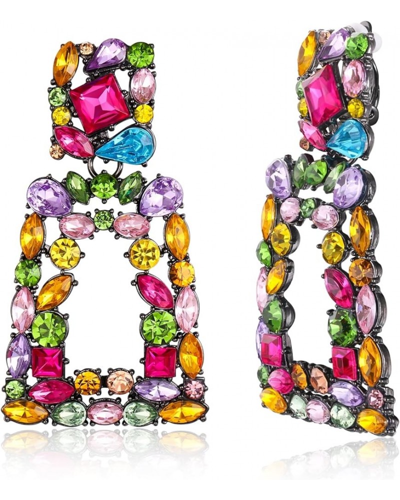 Rectangle Clip-on Drop Earrings for Women, Sparkly Rhinestone Crystal Geometric Statement Non Pierced Earrings Multicolor Bla...