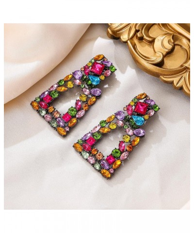 Rectangle Clip-on Drop Earrings for Women, Sparkly Rhinestone Crystal Geometric Statement Non Pierced Earrings Multicolor Bla...