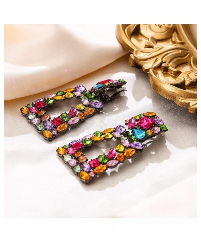 Rectangle Clip-on Drop Earrings for Women, Sparkly Rhinestone Crystal Geometric Statement Non Pierced Earrings Multicolor Bla...