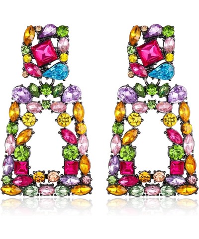 Rectangle Clip-on Drop Earrings for Women, Sparkly Rhinestone Crystal Geometric Statement Non Pierced Earrings Multicolor Bla...