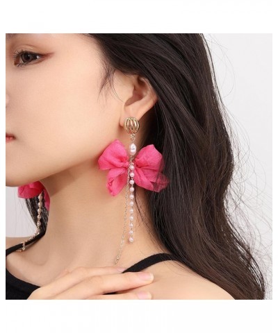 Elegant Butterfly Bow Pearl Tassel Long Chain Dangle Earrings for Women Girls Accessories for Birthday Party pink $7.66 Earrings