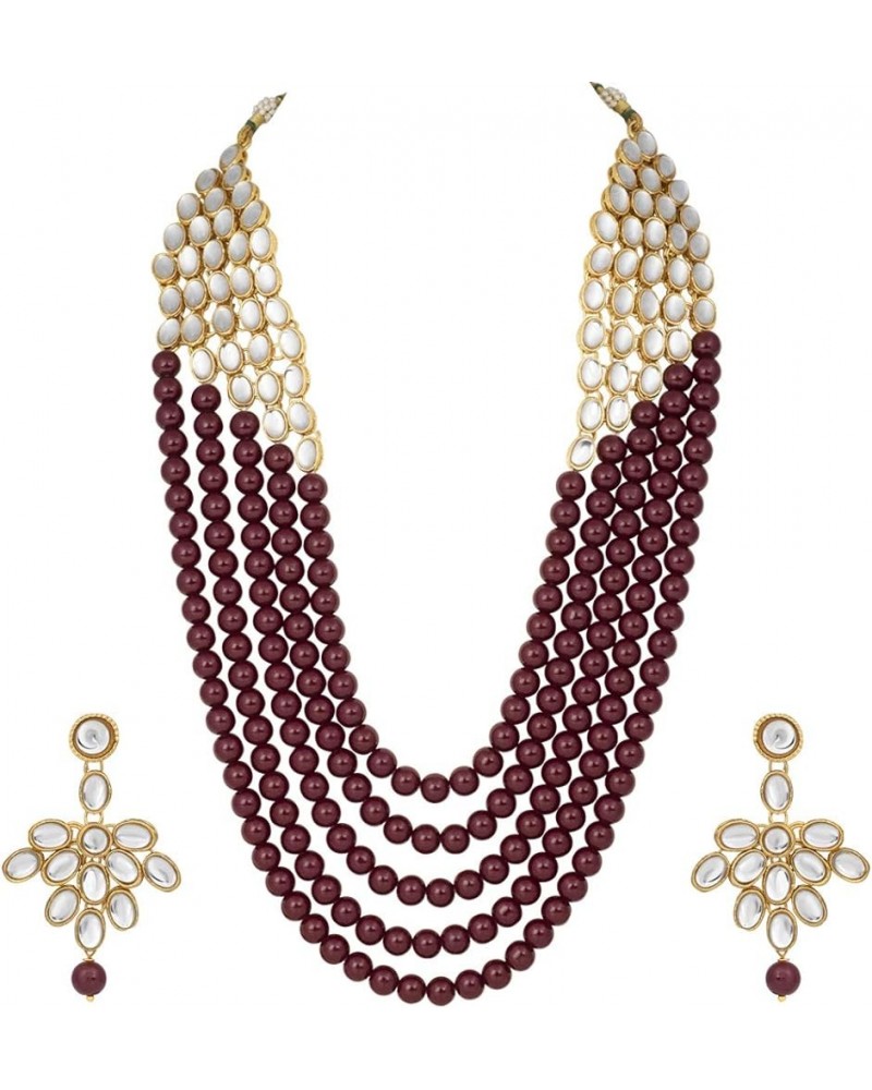 Multi Layered Faux Kundan Beaded Necklace Earrings Maang Tikka Indian Ethnic Bollywood Jewelry Set for Women Maroon-3 $15.98 ...