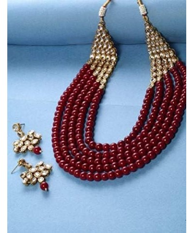 Multi Layered Faux Kundan Beaded Necklace Earrings Maang Tikka Indian Ethnic Bollywood Jewelry Set for Women Maroon-3 $15.98 ...