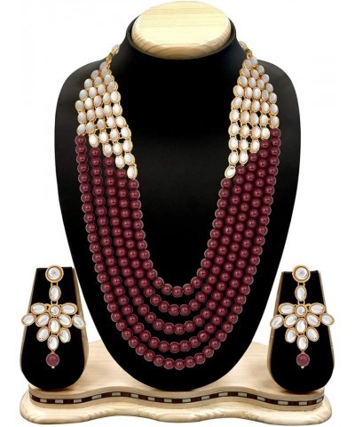 Multi Layered Faux Kundan Beaded Necklace Earrings Maang Tikka Indian Ethnic Bollywood Jewelry Set for Women Maroon-3 $15.98 ...