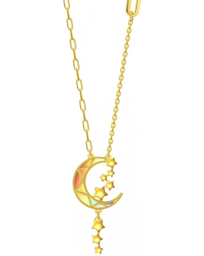 Dazzling Mirror Gold 999 24K Solid Gold Price-by-Weight 6.36g Gold Crescent Moon with Shooting Stars Necklace for Women 94089...