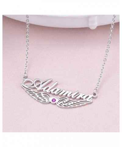 Personalized Name Necklace Angel Wing Necklace with Synthetic Birthstone Name Necklace Adjustable Chain 16”-20” for Women Sil...