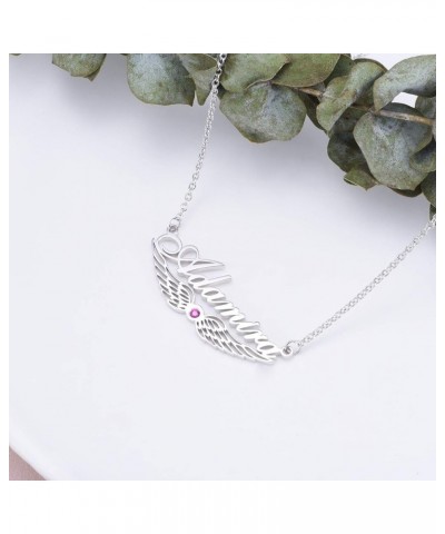 Personalized Name Necklace Angel Wing Necklace with Synthetic Birthstone Name Necklace Adjustable Chain 16”-20” for Women Sil...