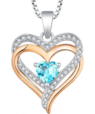 Women's Heart Necklace Sterling Silver Double Love Heart Pendant Cubic Zirconia Jewelry 03-aquamarine-Mar-rose $31.20 Necklaces