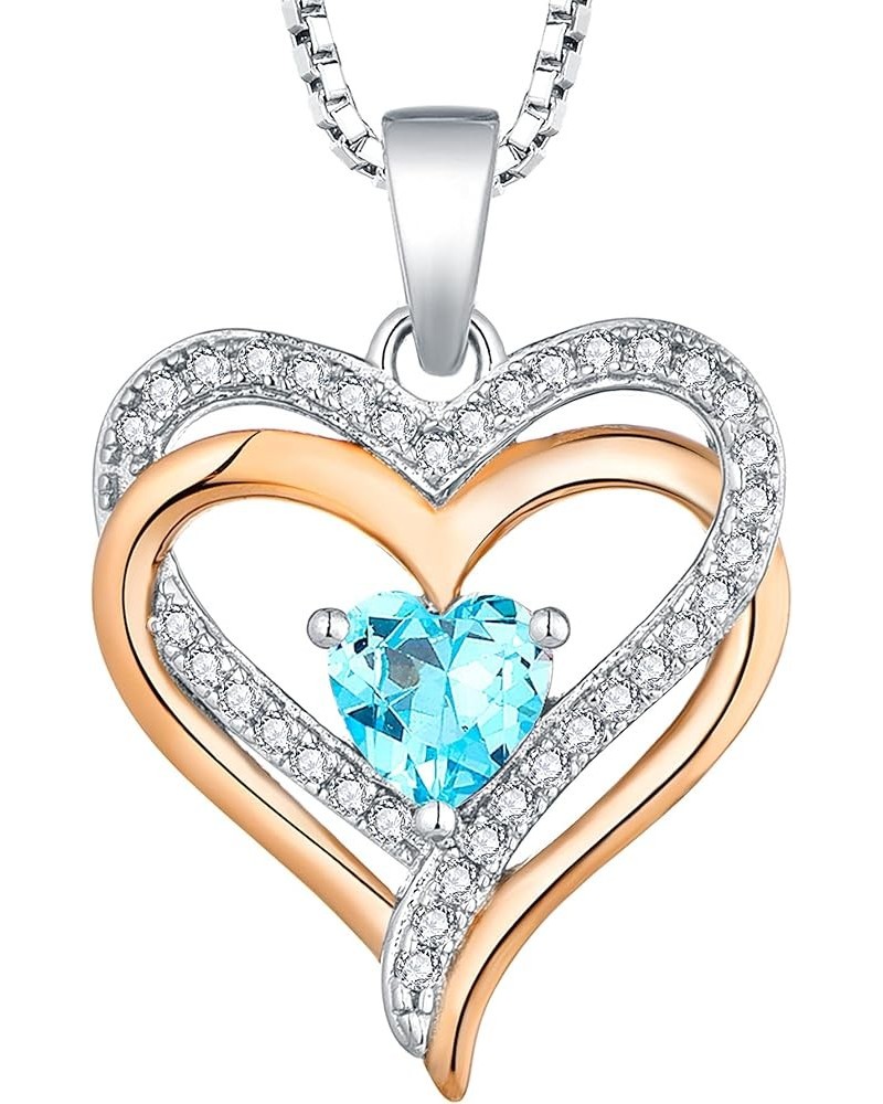 Women's Heart Necklace Sterling Silver Double Love Heart Pendant Cubic Zirconia Jewelry 03-aquamarine-Mar-rose $31.20 Necklaces