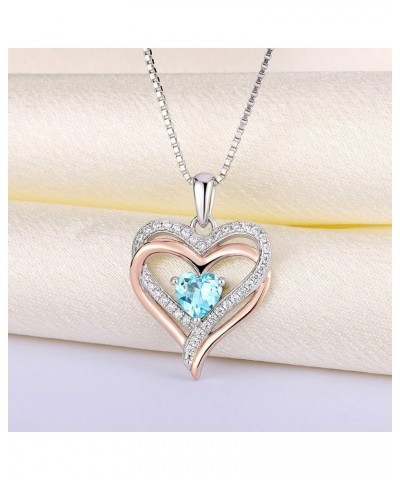 Women's Heart Necklace Sterling Silver Double Love Heart Pendant Cubic Zirconia Jewelry 03-aquamarine-Mar-rose $31.20 Necklaces