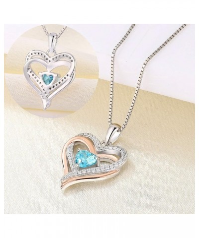 Women's Heart Necklace Sterling Silver Double Love Heart Pendant Cubic Zirconia Jewelry 03-aquamarine-Mar-rose $31.20 Necklaces