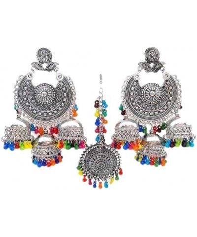 Indian Silver Oxidized Colorful Chandbali Style Jhumka Jhumki Ethnic Dangle Earring With Maang Tikka Sets for Women Silver Ox...