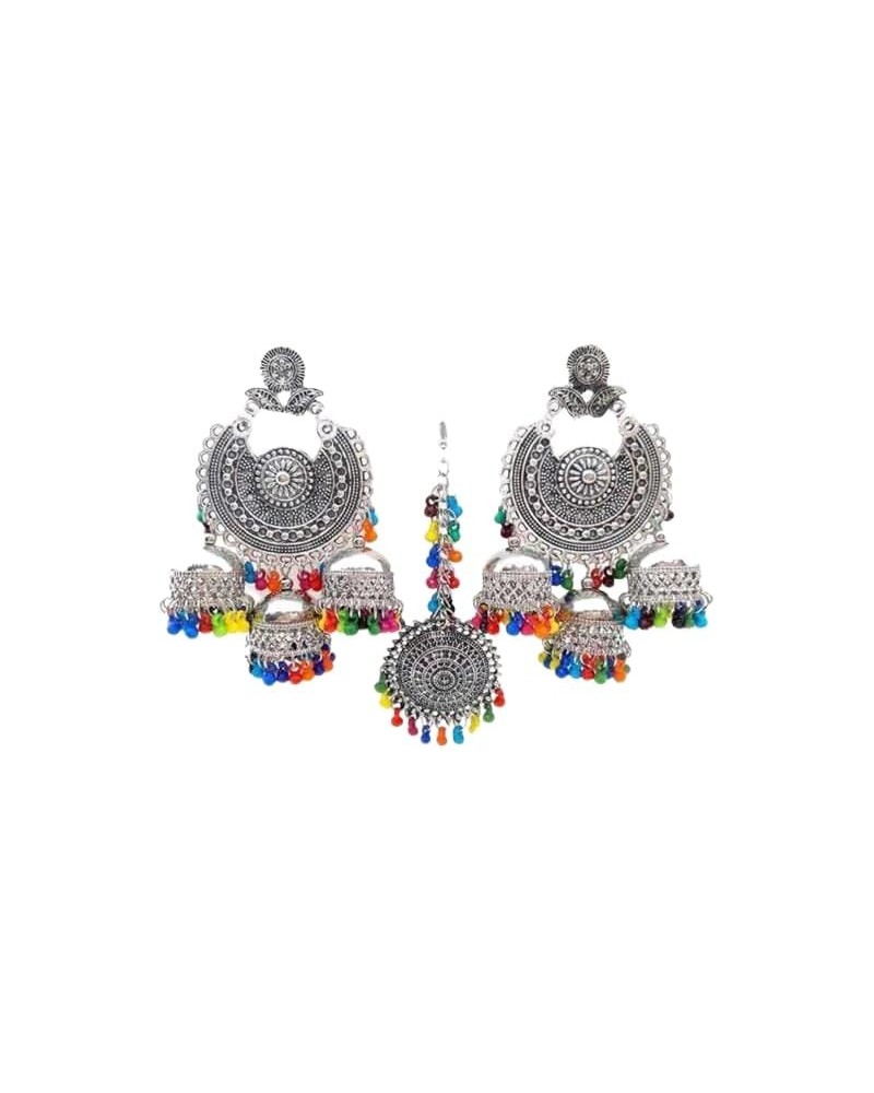 Indian Silver Oxidized Colorful Chandbali Style Jhumka Jhumki Ethnic Dangle Earring With Maang Tikka Sets for Women Silver Ox...