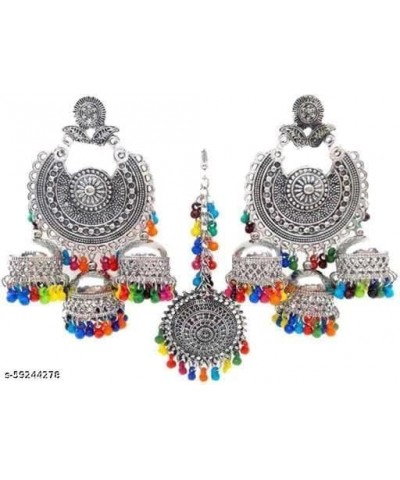 Indian Silver Oxidized Colorful Chandbali Style Jhumka Jhumki Ethnic Dangle Earring With Maang Tikka Sets for Women Silver Ox...