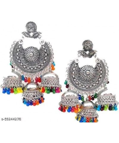 Indian Silver Oxidized Colorful Chandbali Style Jhumka Jhumki Ethnic Dangle Earring With Maang Tikka Sets for Women Silver Ox...