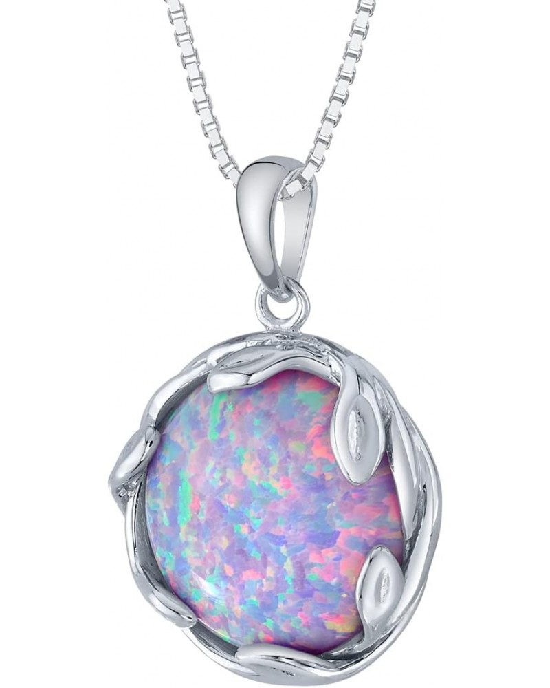 3 Carats Created Purple Lilac Fire Opal Pendant Necklace for Women 925 Sterling Silver, 14mm Round Shape Olive Leaf Vine Soli...