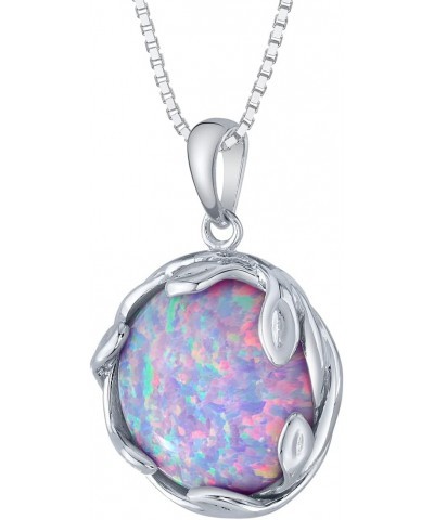 3 Carats Created Purple Lilac Fire Opal Pendant Necklace for Women 925 Sterling Silver, 14mm Round Shape Olive Leaf Vine Soli...