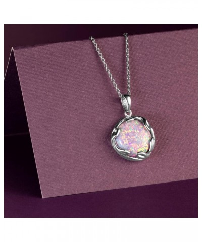 3 Carats Created Purple Lilac Fire Opal Pendant Necklace for Women 925 Sterling Silver, 14mm Round Shape Olive Leaf Vine Soli...