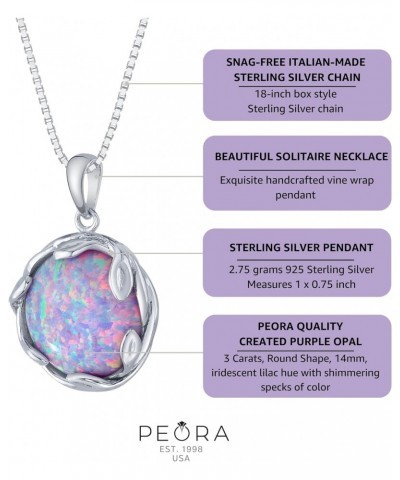 3 Carats Created Purple Lilac Fire Opal Pendant Necklace for Women 925 Sterling Silver, 14mm Round Shape Olive Leaf Vine Soli...