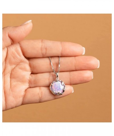 3 Carats Created Purple Lilac Fire Opal Pendant Necklace for Women 925 Sterling Silver, 14mm Round Shape Olive Leaf Vine Soli...