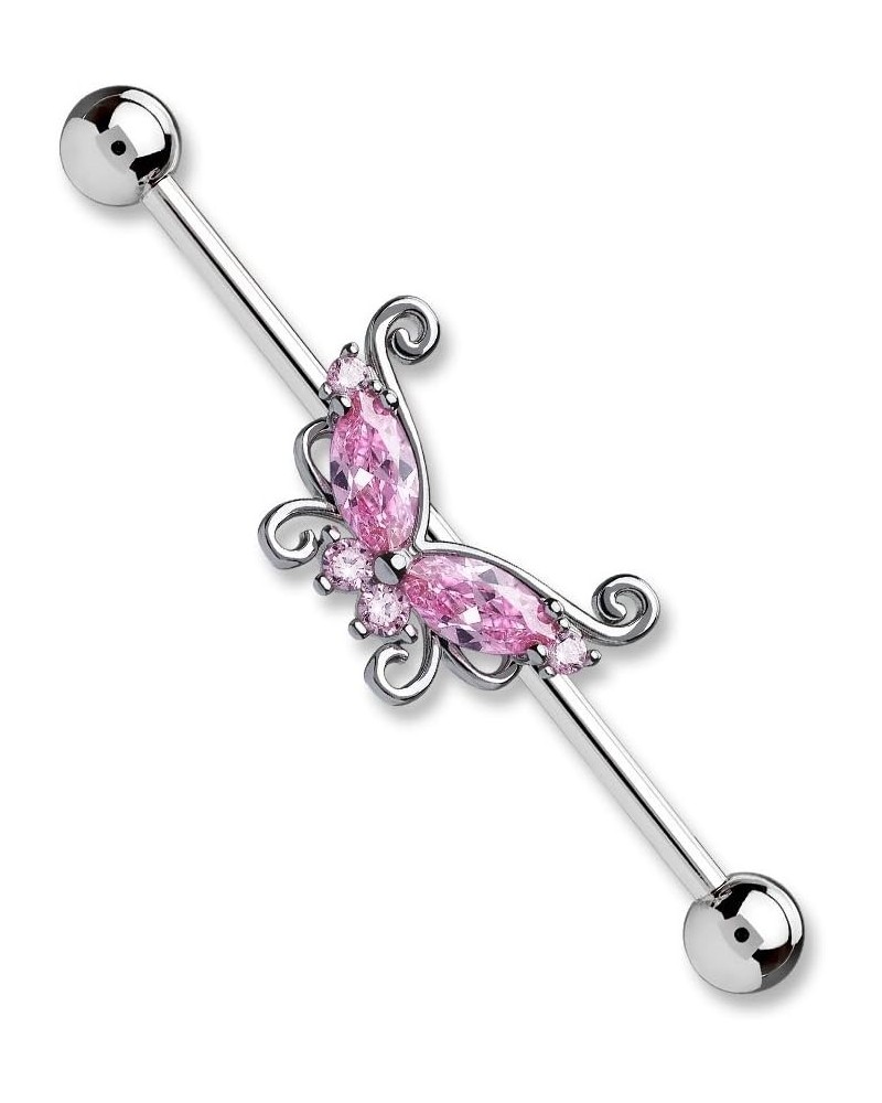 14GA 316L Surgical Steel CZ Crystal Butterfly Industrial Barbell Pink $8.69 Body Jewelry