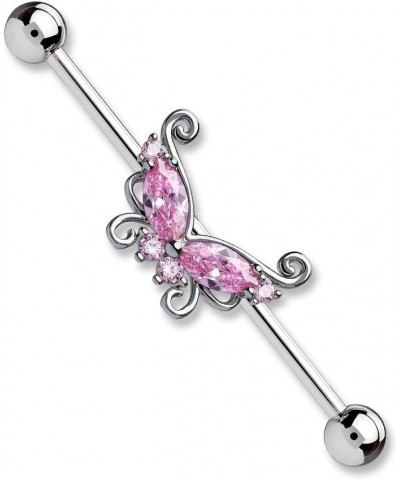 14GA 316L Surgical Steel CZ Crystal Butterfly Industrial Barbell Pink $8.69 Body Jewelry