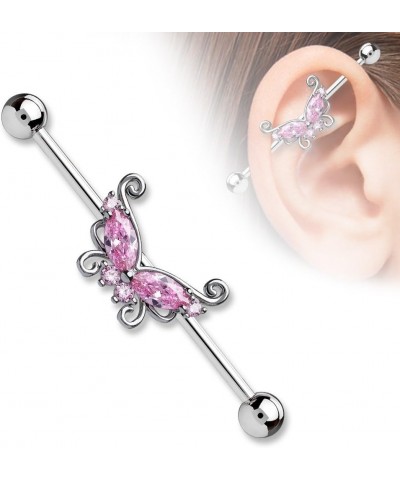 14GA 316L Surgical Steel CZ Crystal Butterfly Industrial Barbell Pink $8.69 Body Jewelry