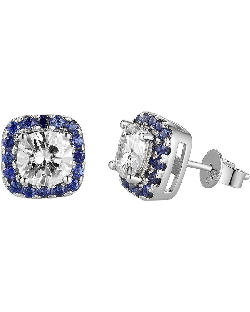 Moissanite Stud Earrings for Women 10K White Gold Post 2ct GHI Cushion Cut Halo Created Moissanite with Blue Sapphire Push Ba...