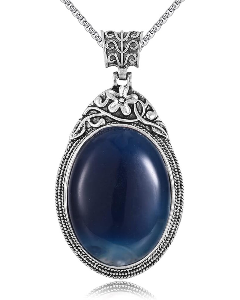 Oval Gemstone Necklace for Women Stainless Steel Oval Pendant Semi-precious Stones Jewelry Gift for Wife Mom Blue Agate $14.8...