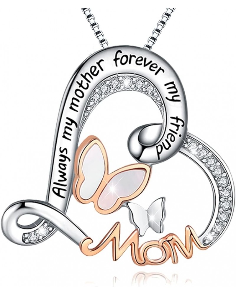 Mom Necklace S925 Sterling Silver Always My Mother Forever My Friend Love Heart Butterfly Pendant Necklaces Jewelry Gifts for...